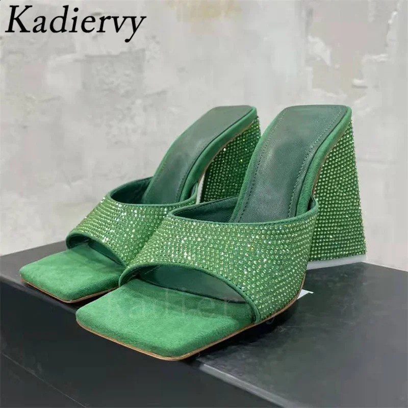 Square Heels Slipper Woman Satin Square Peep Toe Sandals Woman Summer Mules High Heels Runway Shoes Modern Slippers Women 250322