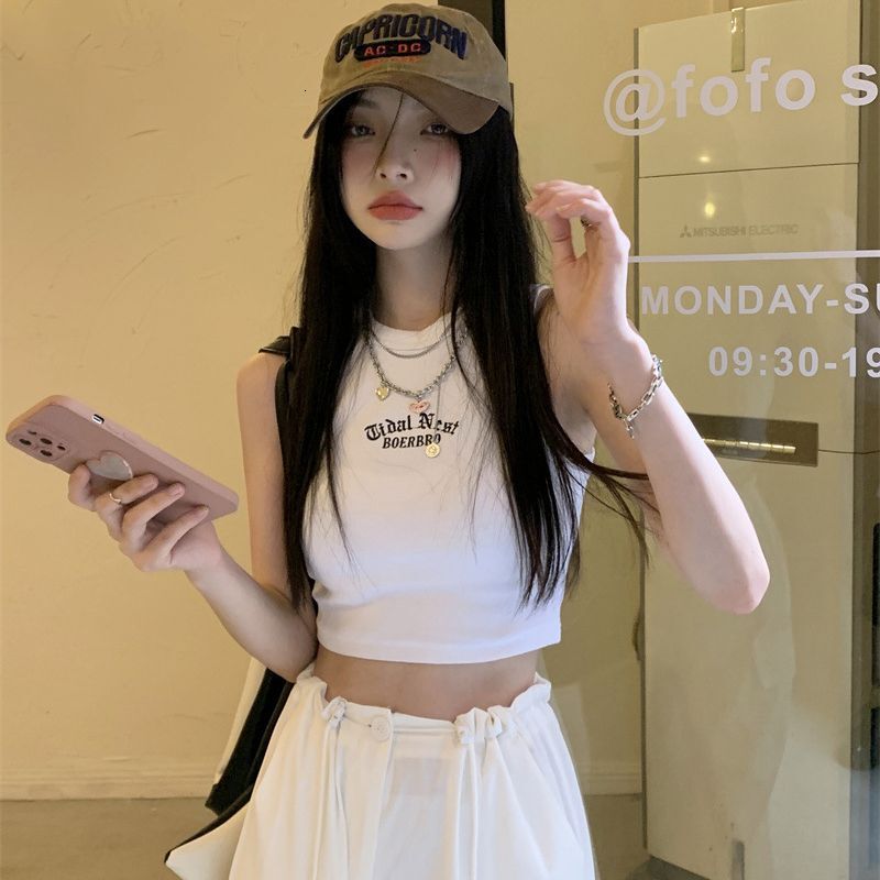 Summer New Women's Wear Pullover Spicy Girl Letter Embroidered Racerback Vest Outwear Slim Fit Sleeveless Short Top Female