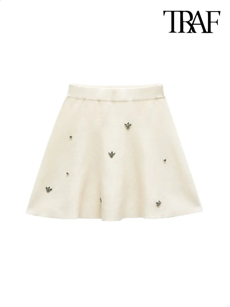 TRZA Women Fashion Jewel Bead Knit Top And High Elastic Waist Mini Skirt Female Two Piece Sets Mujer 250324