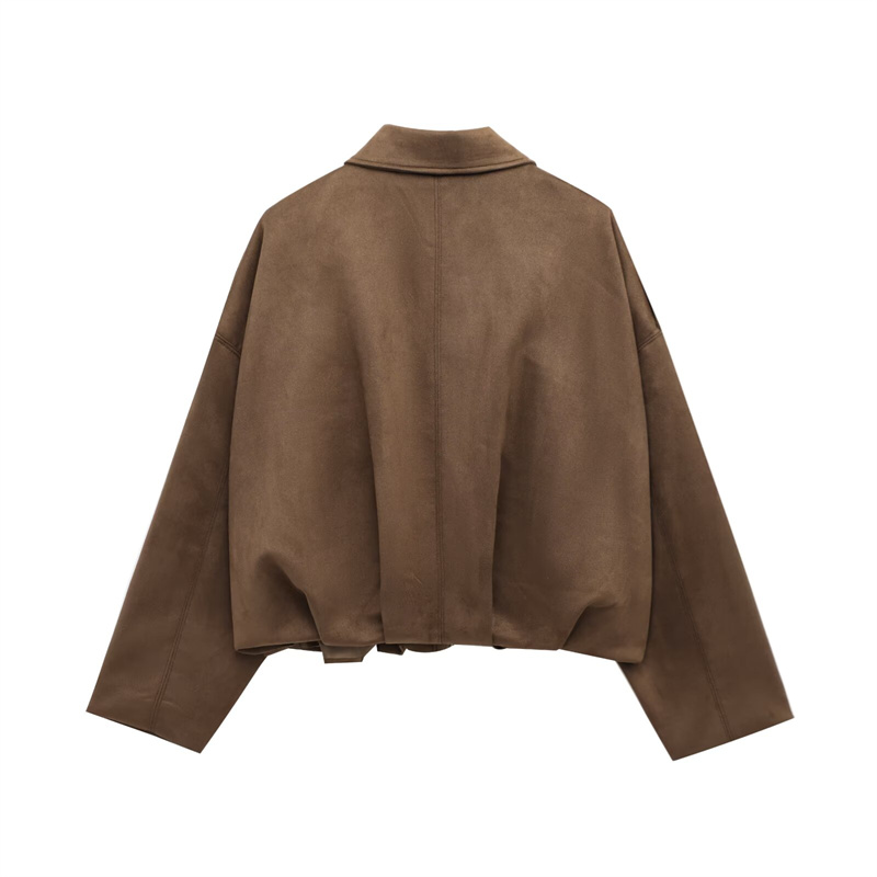 2025 Spring Casual Women's Clothing Fashion Bat Sleeve Collar Suede Texture Effect Pilot Jacket Solid Color Decoration