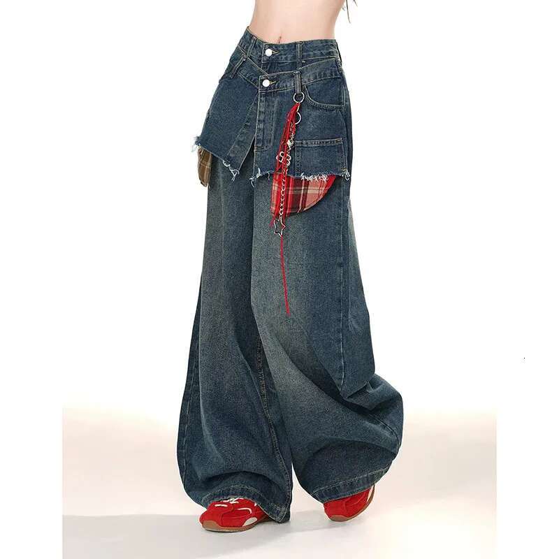 Street Popular Loose Women Patchwork Y2k New Haruku Vintage Oversized Wide-Leg Pants Couple High Waist Jeans 2025