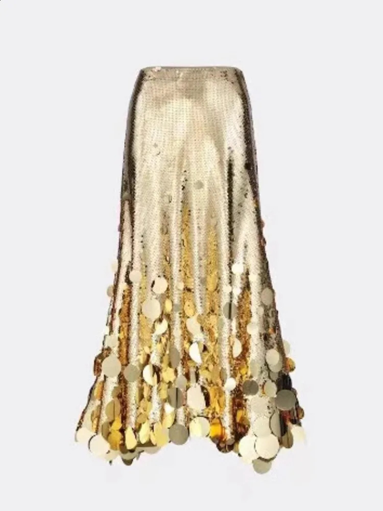 IEQJ 2025 Spring Advanced Sequined Womens Skirt Solid High Waist A-line Ankle-Length Female Party Elegant Clothing 3XP48 250322