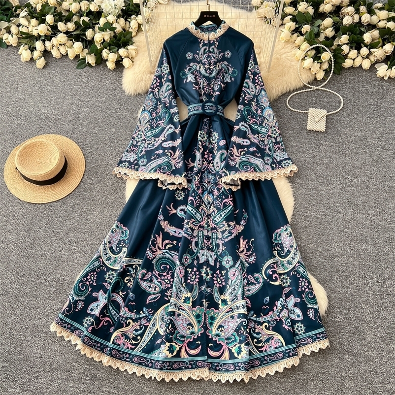 3XL 4XL Elegant Evening Floral Maxi Dresses Women Summer Autumn National Trench Flower Print Flare Full Sleeve Long Dress 250322
