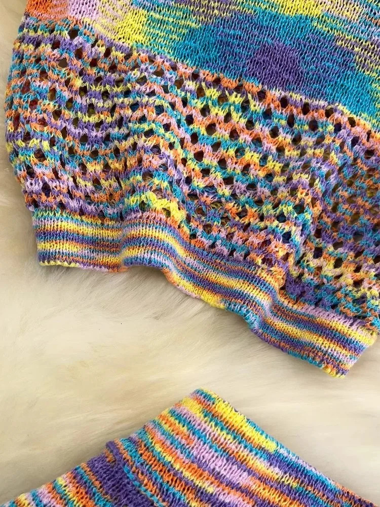 Vintage Beach Holiday Knitted Skirts Suit Summer Fashion Strap Crop Tops Bodycon Saya 2 Pieces Set Women Outfits Female Clothes 250324