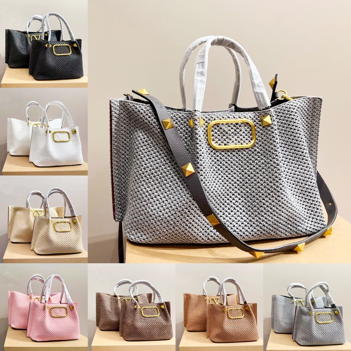 Summer Straw Raffias Rivet the tote Bag pink Designer Shoulder Bag Womens Men Basket Beach Handbag Luxury Clutch Weave Bag Large city Crossbody Travel Shopping Bags