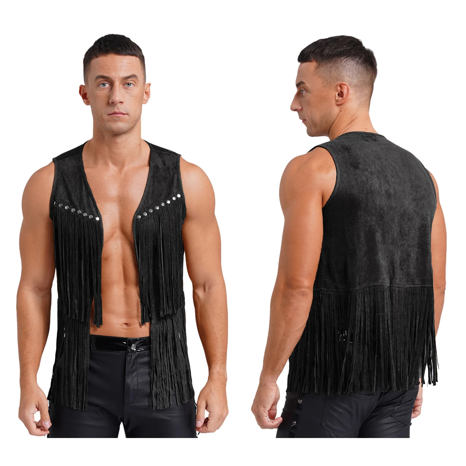 Brown Leather Men Fringe Vest Sleeveless Tassels Vintage Western Cowboy Cardigan Waistcoat Jacket Streetwear Halloween Cosplay 250321