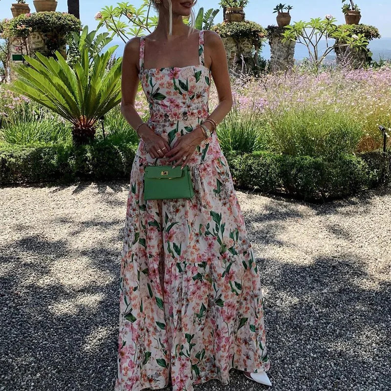 Flower print high waisted long dress summer hollow sleeveless garden party dress sexy shoulder hanging beach dress 250319