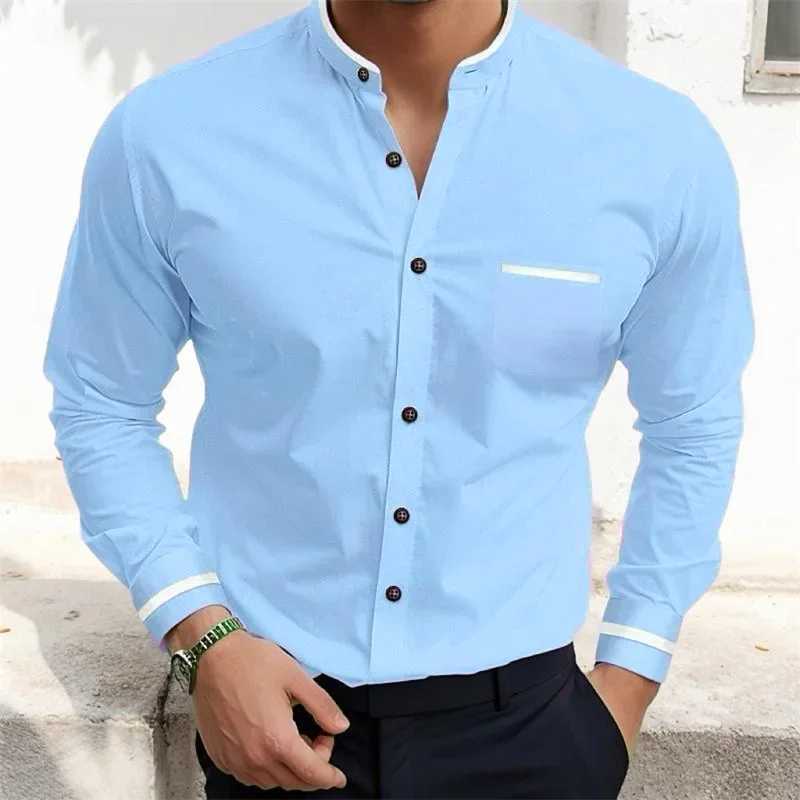 Mens standing collar long sleeved shirt pink gray blue solid color pocket shirt fashionable comfortable casual X250324