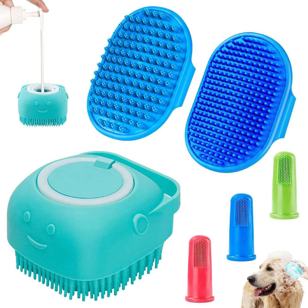 DHpet 3PCS Shampoo Bath Scrubber | Dog Shower/Washing Brush with Adjustable Ring Handle for Short & Long Hair (Blue Blue Blue)