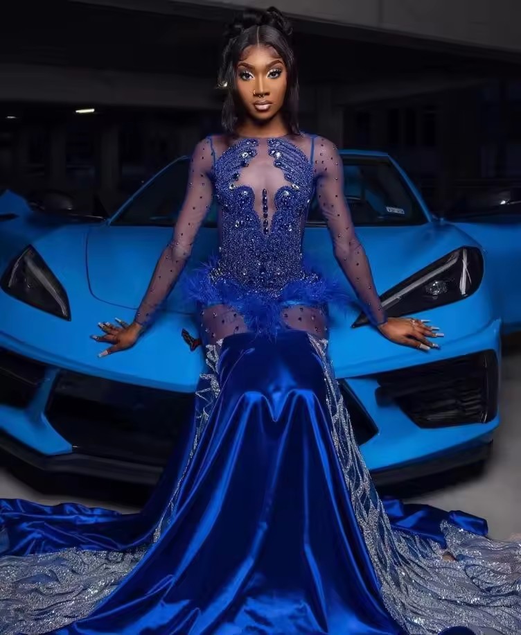 Royal Blue African Mermaid Prom Dress customsized Long Sleeve Crystal Dia Feather Black Girl Evening Gown vestidos de gala