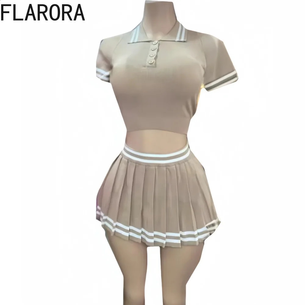 FLARORA Fashion College Style Stripe Splicing Pleated Mini Skirts Two Piece Sets Y2k Woman Polo-collar Tops And Skirts Outfits 250320