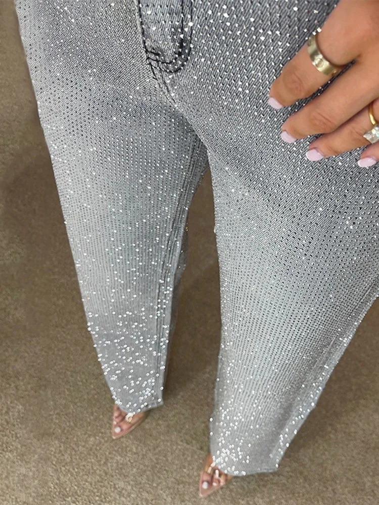 Fashion rhinestone denim pants for women solid high waisted zipper button loose jeans street straight Trousers 250324