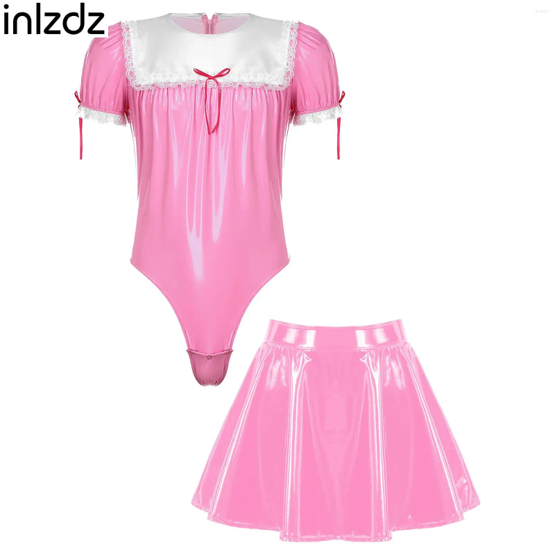 Bras Sets Mens Sissy Crossdresser Costume Maid Outfit Patent Leather Lace Trim Bodysuit Skirt For Dress Up Club Party Nightwear