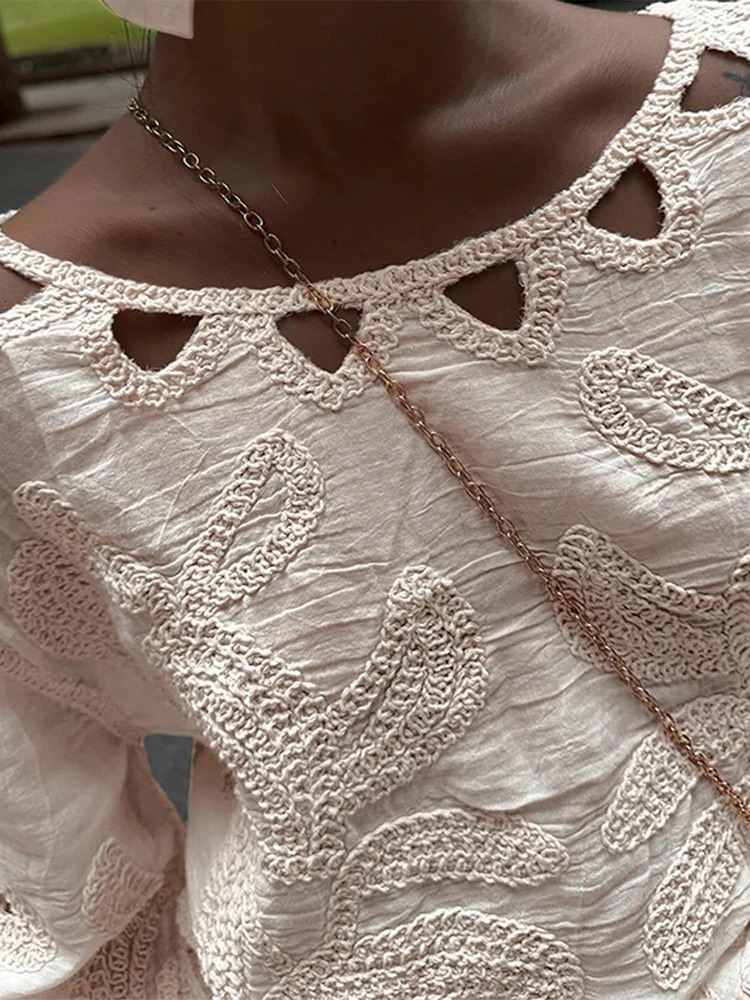 Hollow Embroidered Shirt Set for Women Loose Solid Full Sleeve Irregular High Waist Shorts Set for Women Spring Dress 250322