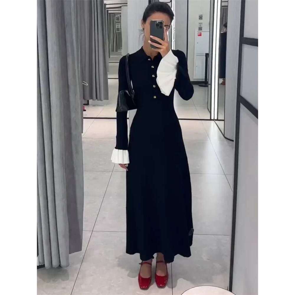 Tossy Female Ruffled Knitwear Long Fashion Patchwork Slim Contrast Lapel Casual Party Gown Women's Knit Maxi Dress