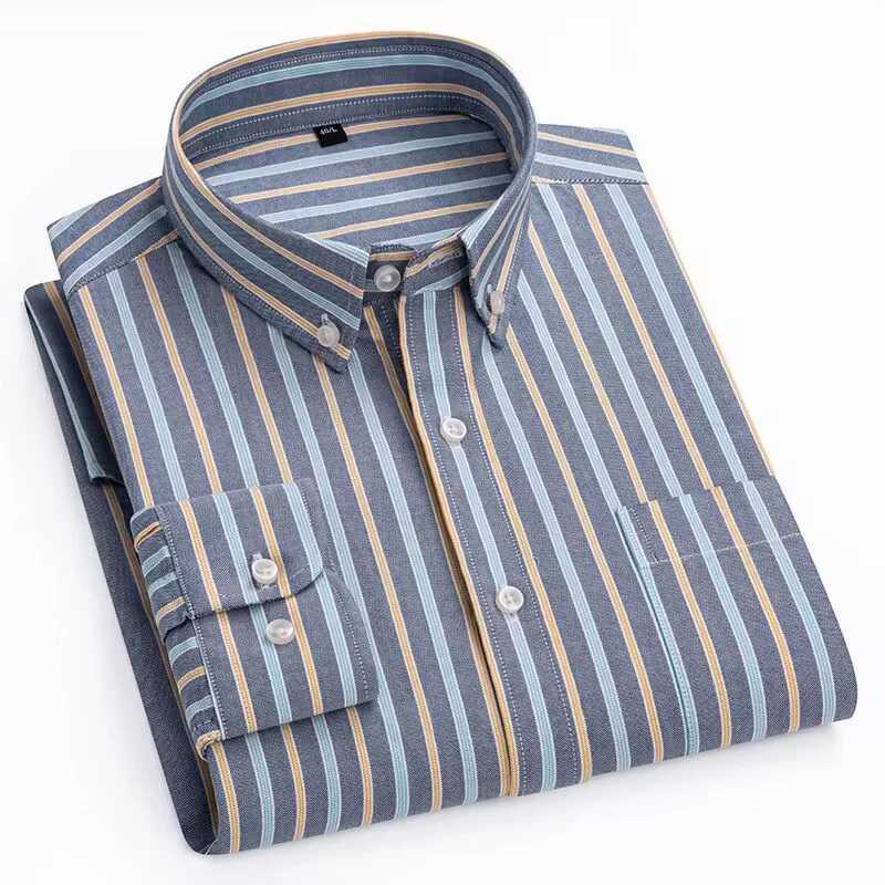 Mens 100% pure cotton striped shirt casual long sleeved standard fit comfortable button plain shirt single decal pocket X250324