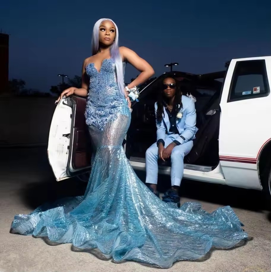 Pale Blue Trumpte Prom Formal Dress customsiz Sparkly Dia Crystal Black Girl Birthday Runway Gown Gillter Celcebrity dresses