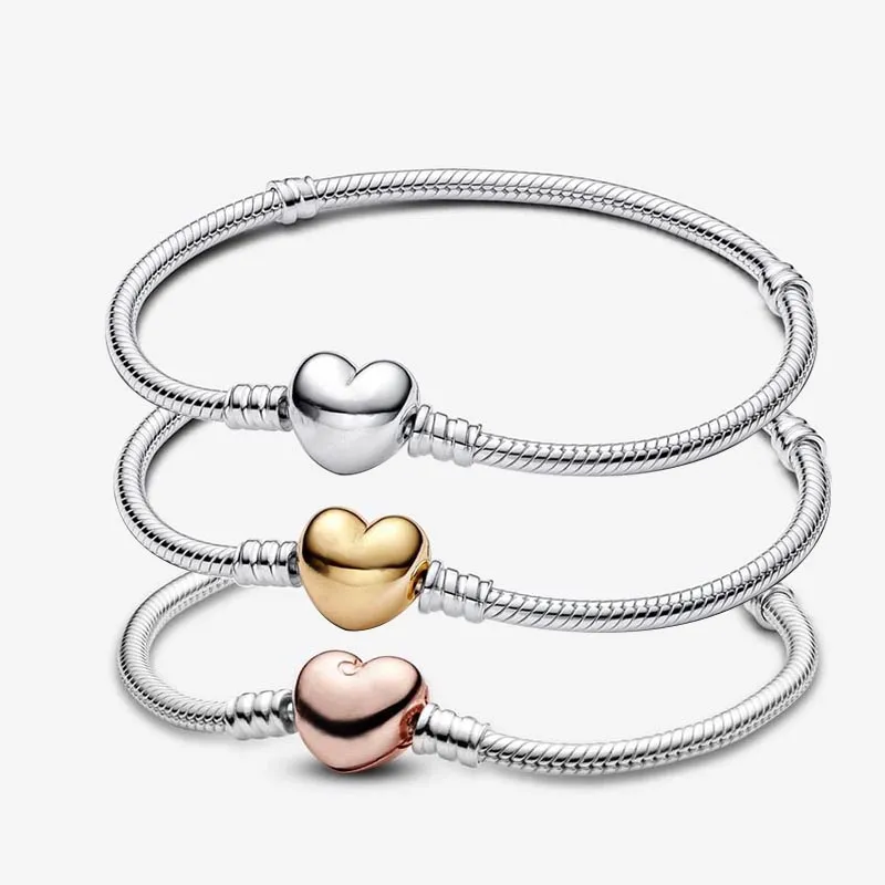 Heart Clasp Snake Chain Bracelet 925 Sterling Silver Charm Bracelets Women Girls Wedding Jewelry Gold Clips bracelet with Retail Box Factory wholesale