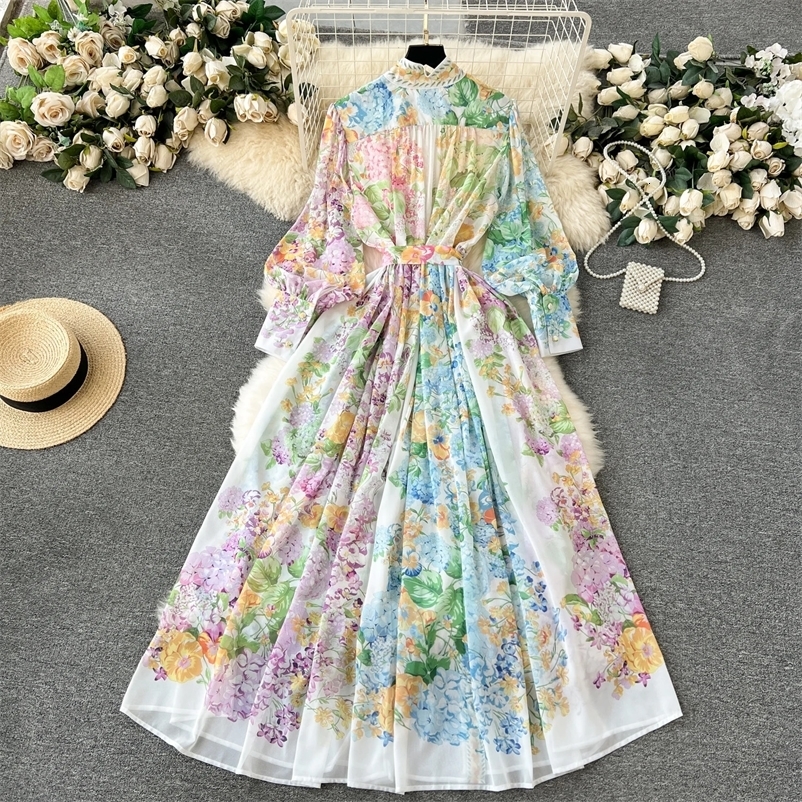Vintage Elegant Flower Print Loose Long Sleeve Maxi Dress Shirt Women Single Breasted Fashion A Line Style Midi Vestidos 250322