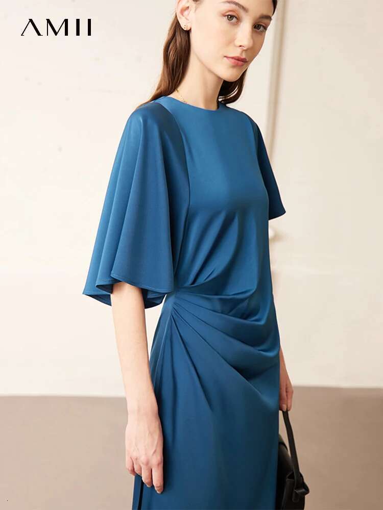 AMII Minimalism 2023 Summer New Shirring Vestidos Batwing Sleeve Pullover A e Black Chic Office Lady Women's Dress 12332006