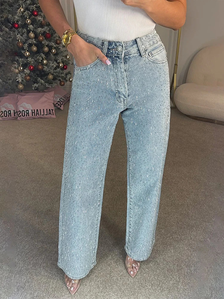 Fashion rhinestone denim pants for women solid high waisted zipper button loose jeans street straight Trousers 250324