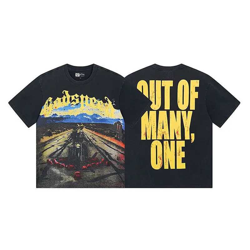 2025 New America Godspd Washed Old Strt Rock Loose Casual Short Sleeve Cotton T-shirt Mens Retro High Quality Trend X250324