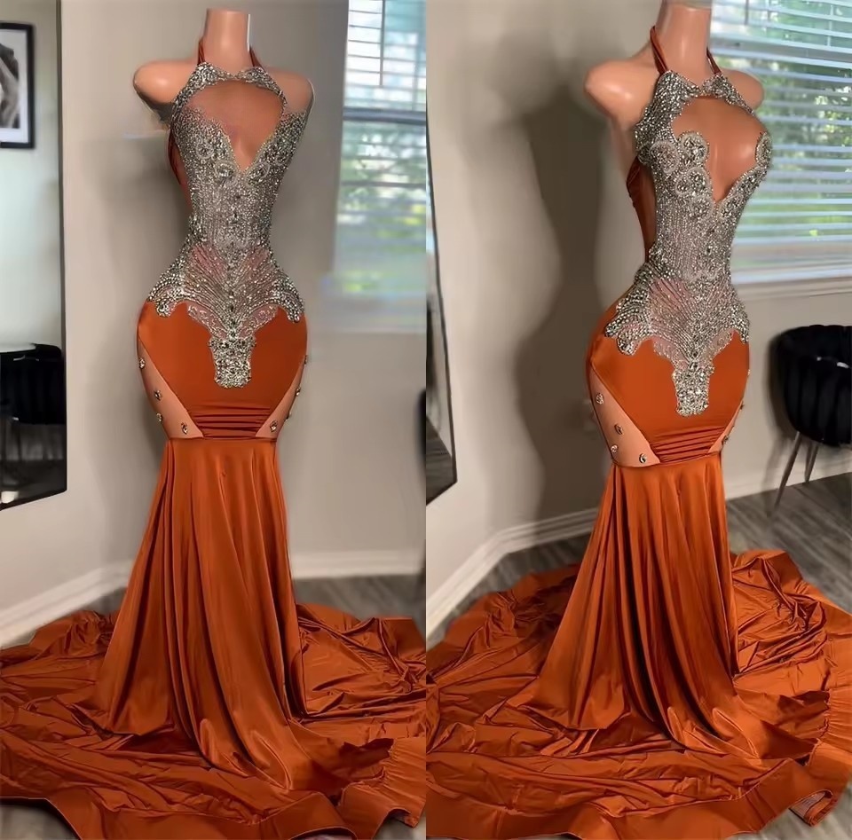 2025 Orange Prom Dresses For Blackgirls Sier Beaded Rhie See Thru Mermaid tail Party Gown Birthday Evening Customized