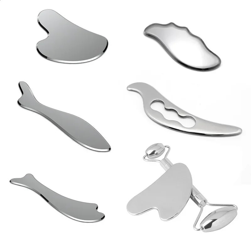 Anti Cellulite Massager Stainless Steel Facial Roller Gua Sha Tool Set Face Care Massage Crystal Jade Rose Quartz Health 250321