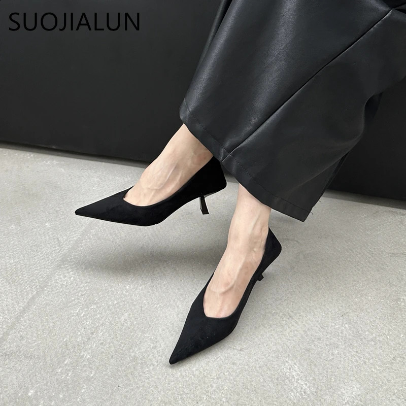 SUOJIALUN Autumn Pointed Toe Women Sexy Shallow Slip On Pumps Shoes Fashion Thin High Heel Ladies Elegant Dress Boat Shoes 250322