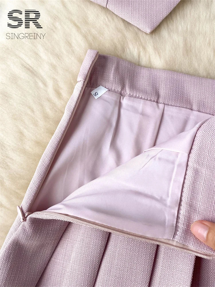 SINGREINY French 2pcs Suit Women Summer Single Breasted Basic CamisoleZipper Pleated Skirt Ladies Fashion Two Pieces Set 250324