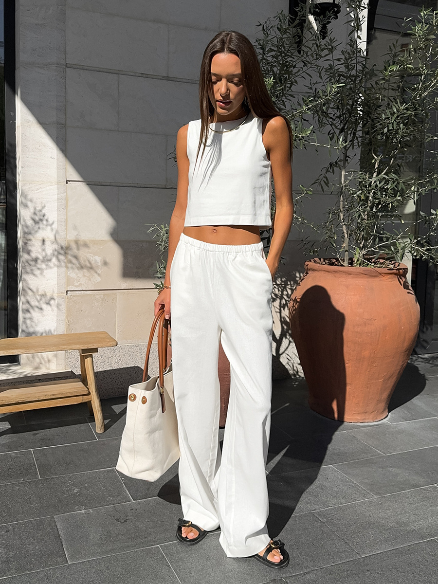 Cotton and linen spring/summer 2025 new sleeveless short top+wide leg pants set for women