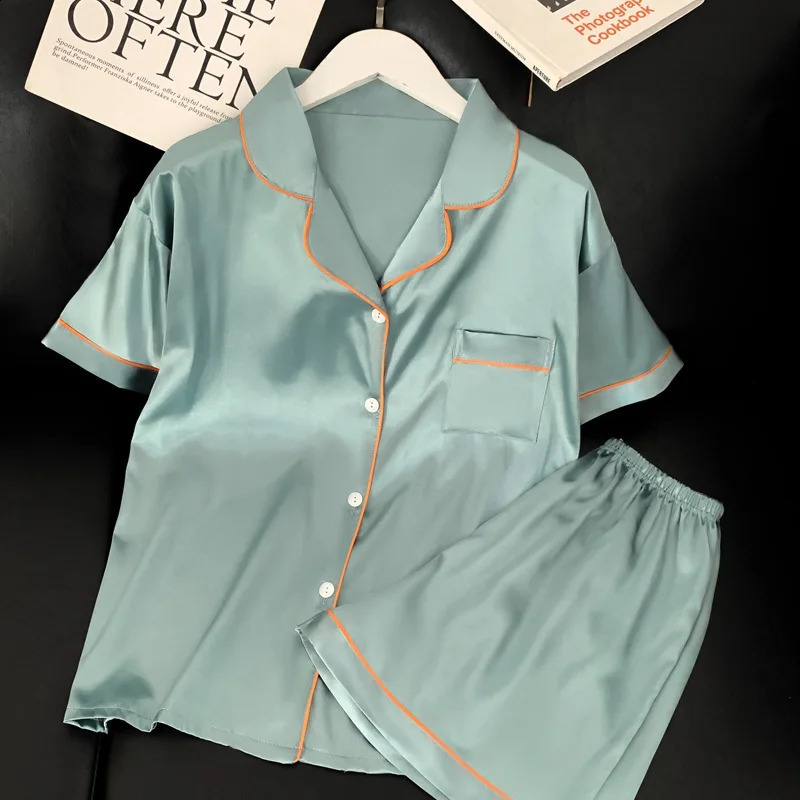 Ice Silk Cool Home Clothes Womens Pajamas High Quality Cardigan Short Sleeve Shorts Summer Pajamas Set for Women Nightwear 250321