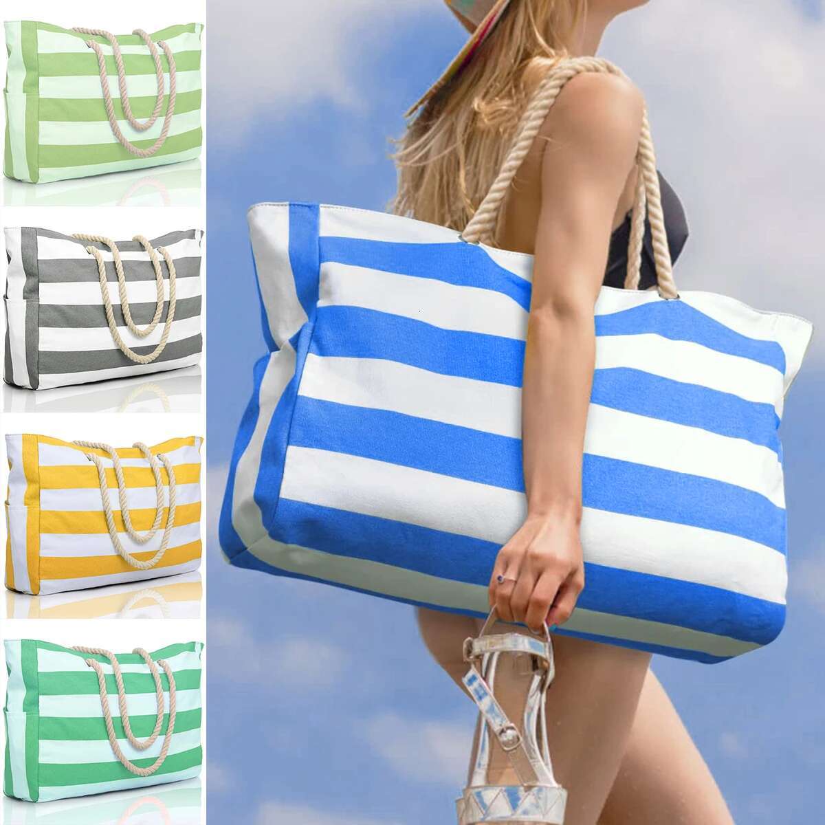Striped Zipper Outer Bag For Outdoor Travel And Vacation, Waterproond Sand Resistant Canvas, Convenient Folding Beach Bag-Zmt