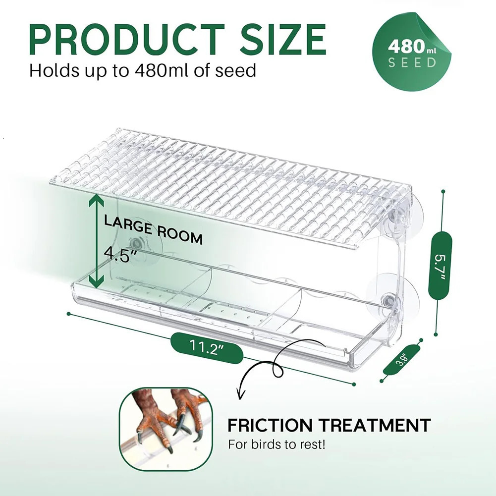 Window Bird Feeder Weatherproof Suction Cup Transparent House with Tray Roof Cover for Outdoor 250320