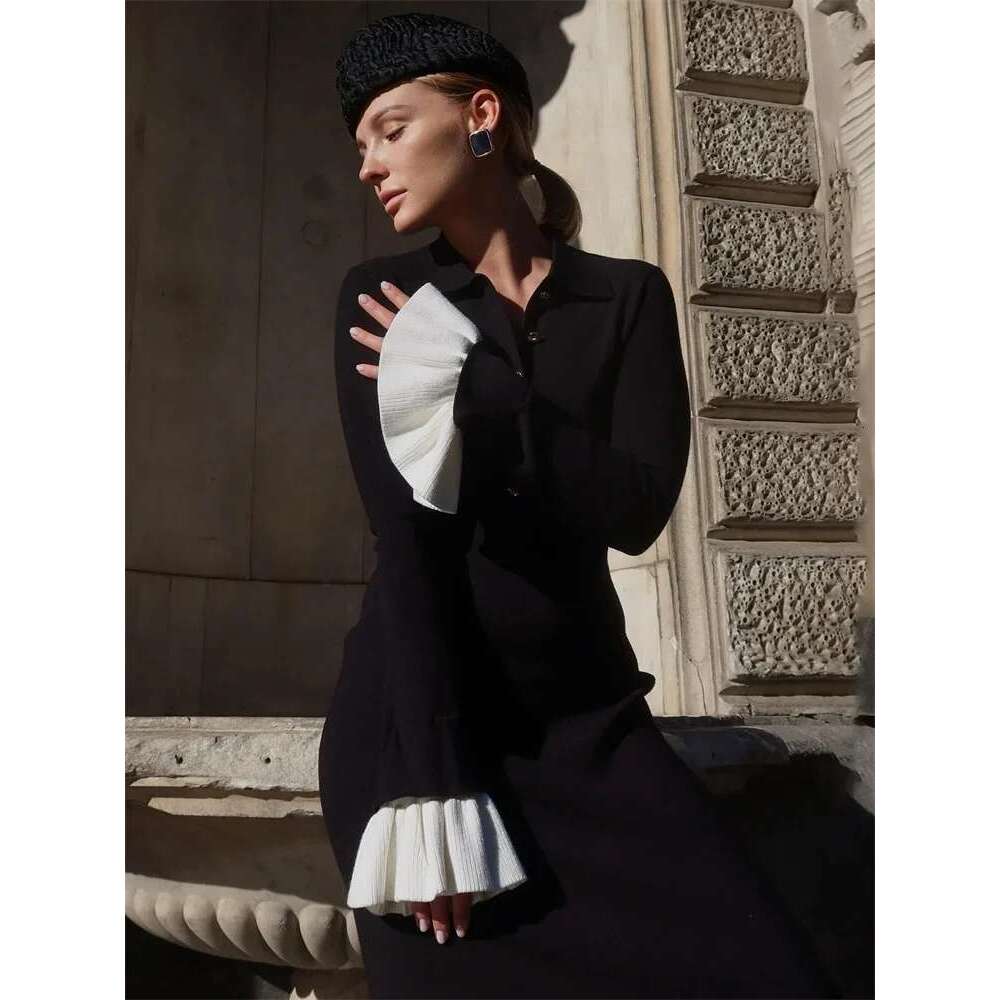 Tossy Female Ruffled Knitwear Long Fashion Patchwork Slim Contrast Lapel Casual Party Gown Women's Knit Maxi Dress