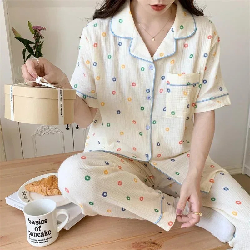 Summer Cotton Printed Short Sleeve Pants Pajama Set for Womens Pajamas Home Pajamas Non Printed Pajamas 250321