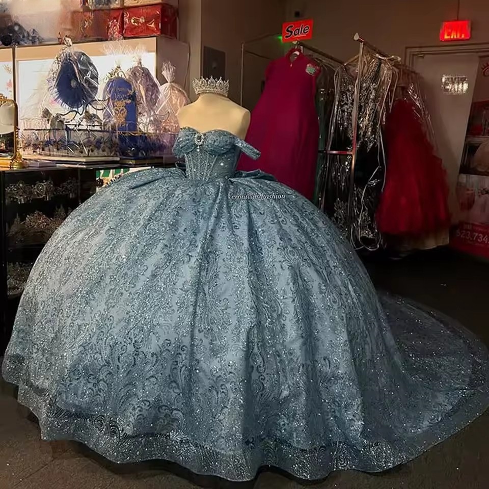 Customized Lace Quinceanera Off The Shoulder Crystal Beads Corset Ball Gown Sweet 16 Dress Vestidos De XV Anos