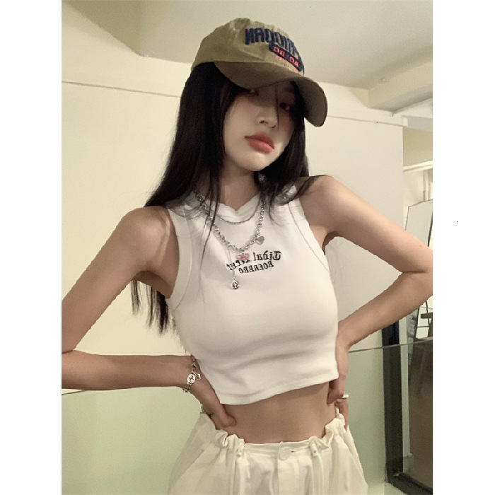 Summer New Women's Wear Pullover Spicy Girl Letter Embroidered Racerback Vest Outwear Slim Fit Sleeveless Short Top Female