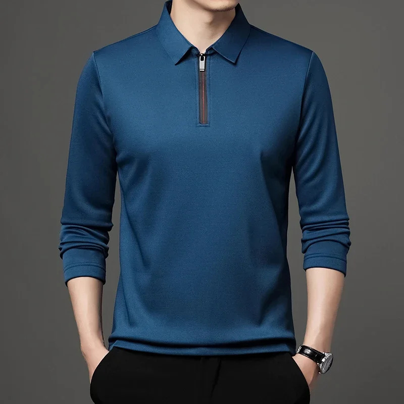 Mens solid color long sleeved polo shirt casual fashion top 250312