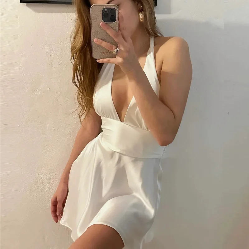 TRAF Halter Womens Satin Dress Off Shoulder Red Pink Mini Dress Woman Bow Backless White Short Dresses Sexy Black Party Dresses 250324