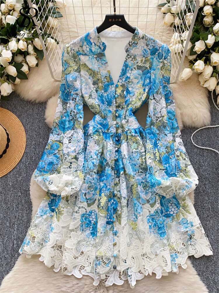 SINGREINY Spring Ral Print Short V Neck Lantern Sleeves Embroidery Design Hollow Out Chic A E Beachwear Female Dress