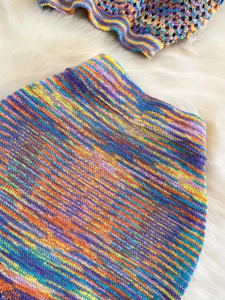 Vintage Beach Holiday Knitted Skirts Suit Summer Fashion Strap Crop Tops Bodycon Saya 2 Pieces Set Women Outfits Female Clothes 250324