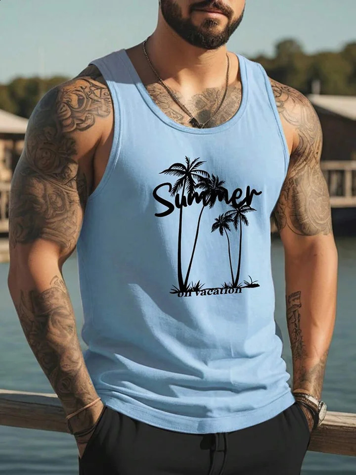3D Coconut Tree Print Mens Tank Top Summer Outdoor Run Fitness Sports Tees Casual O-neck Loose Sleeveless Shirt Gym T-shirt Man 250324