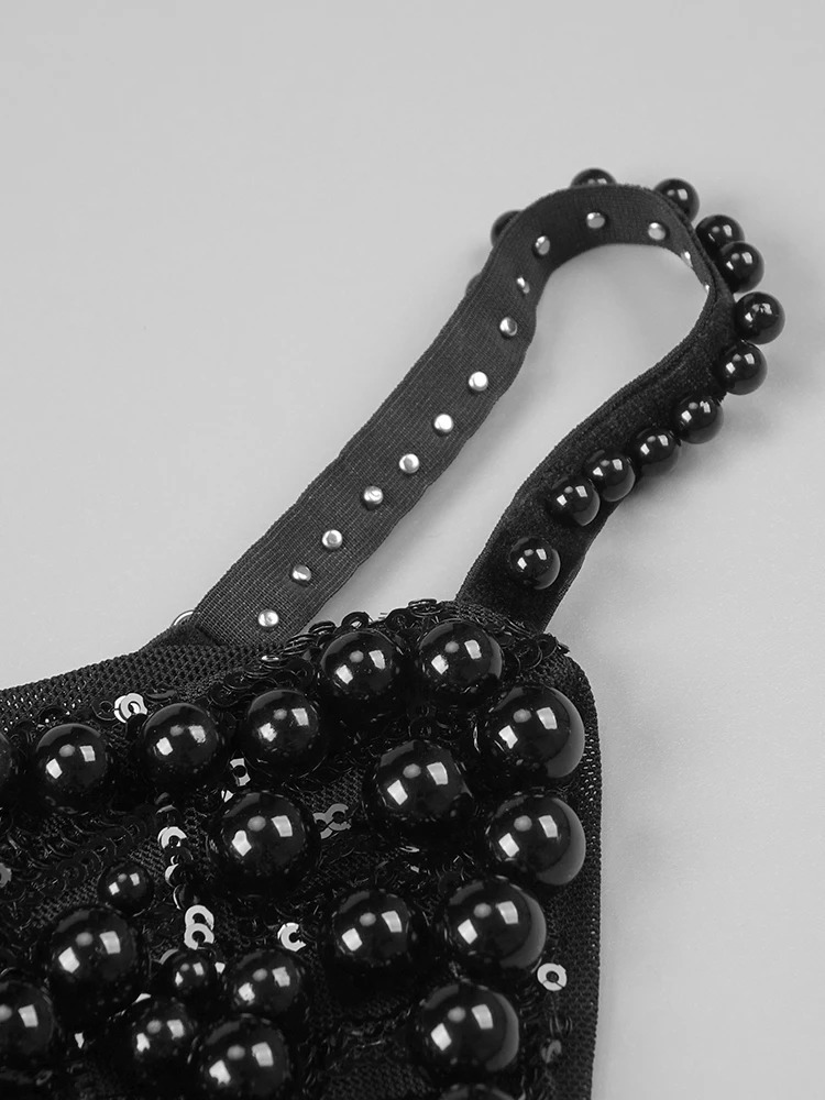 VC Black Crystal Bead Ball Skirt Deep Vneck Necklace Sleeveless Diamond Feather Embossed Evening Dress Vestidos 250320