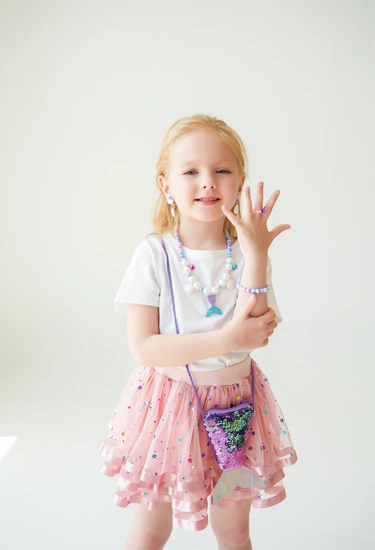 Cute and shiny fish tail pearl bracelet necklace with cross shaped bag for girls Kawai combination set birthday gift 250322