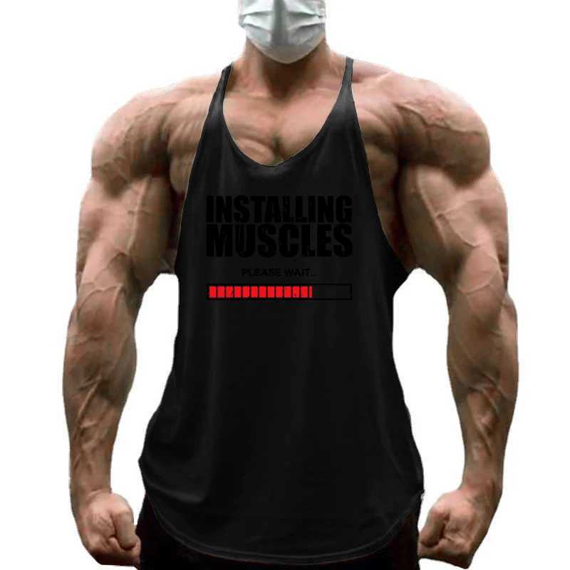 Install muscles please wait for printing gym fitness Y back vest mens casual fitness sleeveless cotton breathable T-shirt X250324