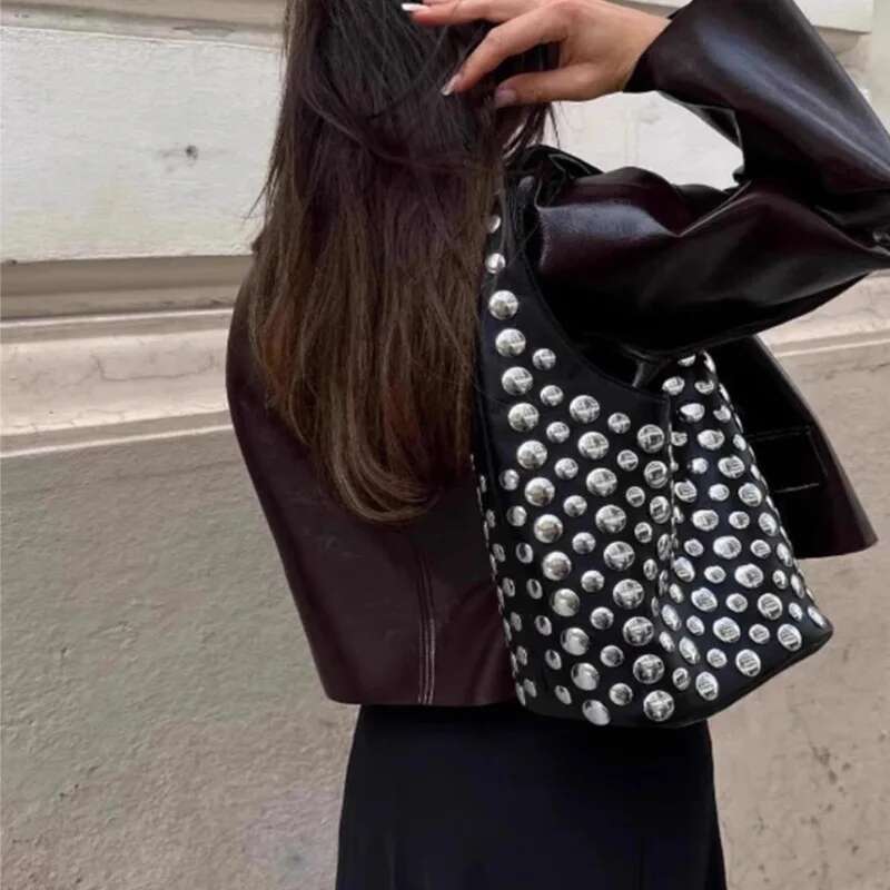 Fashion Rivet Buckets Designer Women Handbags Pu Leather Shoulder Bags Retro Y2k Underarm Bag 2025
