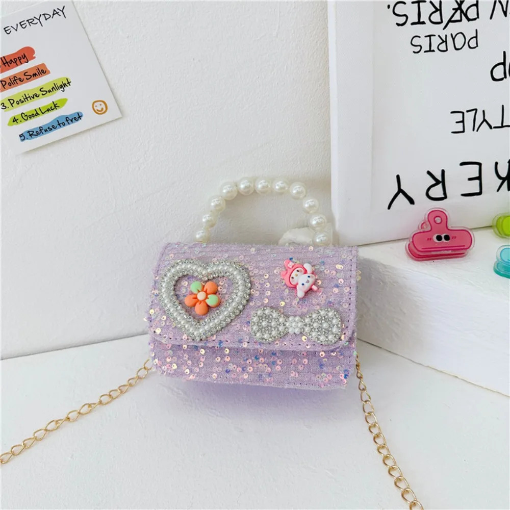 Korean style pearl childrens handbag lace bow princess shoulder messenger bag glitter coin purse pocket 250322
