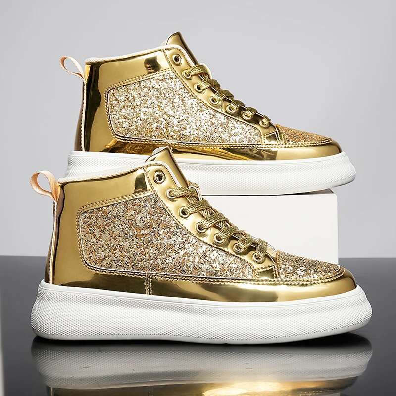 2025 new couple running shoes, high ankle women's outdoor street walking boots, gold winter carnival sports shoes