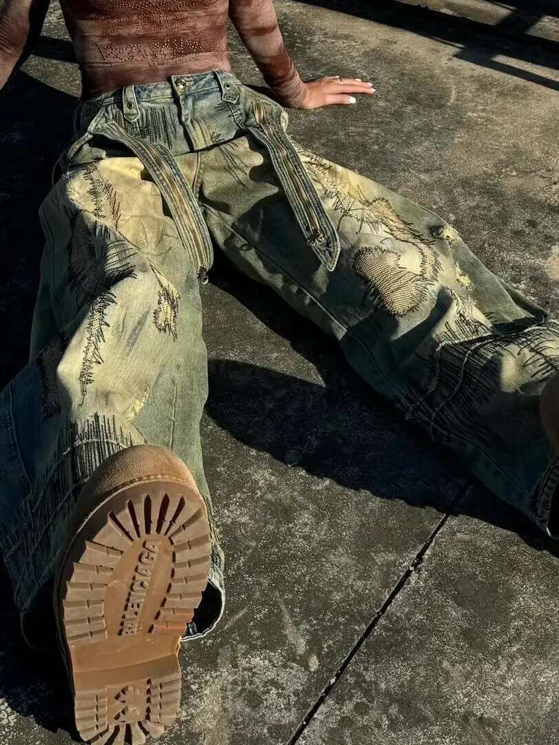 American Heavy Industry Production Jeans Large Size Washed Distressed Hete Straight Pant Haruku Street Loose Overalls